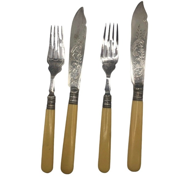 FB Rogers FISH Fork Knife SET English Silverplate Celluloid Handles EPNS - Picture 5 of 8